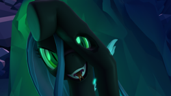 Size: 1920x1080 | Tagged: safe, artist:jaymihay, imported from derpibooru, queen chrysalis, changeling, 3d, grin, light, looking at you, simple background, smiling, solo, source filmmaker, youtube, youtube link