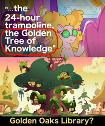 Size: 1336x1596 | Tagged: safe, artist:fhoenox, edit, edited screencap, imported from derpibooru, screencap, earth pony, pony, spoiler:g5, spoiler:my little pony: tell your tale, spoiler:tyts01e05, 24-hour trampoline, beehive, g4, g5, golden oaks library, golden tree of knowledge, karaoke beauty salon, library, mane melody, my little pony: tell your tale, phyllis cloverleaf, sunset, theory, tree