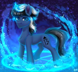 Size: 4096x3779 | Tagged: safe, artist:hakaina, imported from derpibooru, oc, oc only, pony, unicorn, abstract background, blue background, blue eyes, fluffy, glowing, glowing horn, hair, horn, looking at you, magic, male, slim, solo, tail