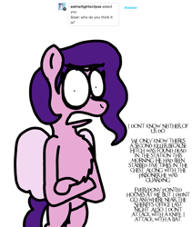Size: 1808x2146 | Tagged: safe, artist:professorventurer, imported from derpibooru, pipp petals, pegasus, pony, series:ask pippamena, bipedal, crossed arms, g5, hair, implied death, implied hitch trailblazer, implied murder, looking at you, my little pony: a new generation, mystery, open mouth, simple background, tail, text, white background, wings