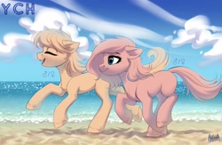 Size: 2560x1664 | Tagged: safe, artist:hakaina, imported from derpibooru, earth pony, pony, cloud, commission, duo, eyes closed, fluffy, hair, ocean, open mouth, sand, slim, smiling, tail, water, your character here