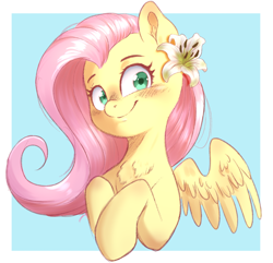 Size: 1120x1080 | Tagged: safe, artist:gloomydinosaur, imported from derpibooru, fluttershy, pegasus, pony, aside glance, blue background, blushing, bust, chest fluff, cute, ear fluff, female, flower, flower in hair, g4, hair, head tilt, hooves to the chest, looking at you, mare, passepartout, pink hair, portrait, shyabetes, simple background, smiling, solo, spread wings, three quarter view, wings
