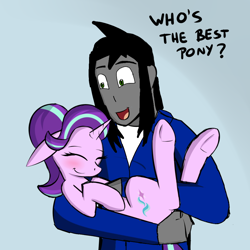 Size: 1024x1024 | Tagged: safe, artist:pj-nsfw, edit, imported from derpibooru, starlight glimmer, oc, oc:anon, oc:blaze darkdragon, oc:human grey, human, pony, unicorn, blushing, clothes, cute, eyes closed, g4, horn, open mouth, simple background, smiling, text