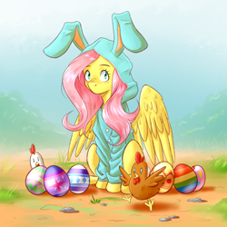 Size: 1280x1280 | Tagged: safe, artist:gloomydinosaur, imported from derpibooru, fluttershy, bird, chicken, pegasus, pony, animal costume, aside glance, bunny costume, bunny hood, bunnyshy, clothes, costume, easter, easter egg, egg, female, holiday, looking at you, mare, outdoors, partially open wings, sitting, solo, three quarter view, wings