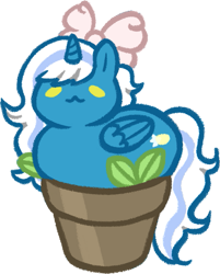 Size: 563x700 | Tagged: safe, artist:dragonitavioleta, imported from derpibooru, oc, oc:fleurbelle, alicorn, alicorn oc, bow, female, hair bow, horn, lying, mare, plant pot, ponyloaf, prone, simple background, sitting, transparent background, wings