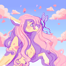 Size: 2000x2000 | Tagged: safe, artist:orphicswanart, imported from derpibooru, fluttershy, butterfly, pegasus, pony, butterfly on nose, chest fluff, cloud, dragontail butterfly, ear fluff, female, flower petals, insect on nose, looking at something, mare, partially open wings, profile, raised hoof, sky, sky background, solo, wings