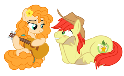 Size: 2670x1646 | Tagged: safe, artist:third uncle, imported from derpibooru, bright mac, pear butter, earth pony, pony, the perfect pear, brightbutter, cowboy hat, eye contact, female, guitar, hat, husband and wife, looking at each other, looking at someone, male, mare, musical instrument, playing instrument, shipping, simple background, stallion, straight, transparent background