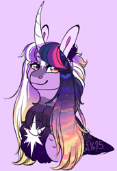 Size: 1280x1874 | Tagged: safe, artist:malinraf1615, imported from derpibooru, twilight sparkle, alicorn, pony, alternate design, alternate hairstyle, body markings, chest fluff, coat markings, colored ears, colored pinnae, curved horn, facial markings, female, half body, horn, looking at you, mare, markings, pink background, redesign, simple background, solo, star (coat marking), twilight sparkle (alicorn)