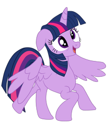 Size: 1710x2026 | Tagged: safe, artist:gmaplay, imported from derpibooru, twilight sparkle, alicorn, pony, princess spike (episode), derp, female, full body, hooves, horn, mare, open mouth, open smile, partially open wings, simple background, smiling, solo, standing on two hooves, transparent background, twilight sparkle (alicorn), wings