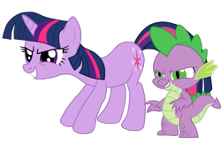 Size: 1985x1291 | Tagged: safe, artist:gmaplay, imported from derpibooru, spike, twilight sparkle, dragon, pony, unicorn, duo, duo male and female, evil grin, female, grin, hooves, horn, male, mare, narrowed eyes, simple background, smiling, standing, transparent background, unicorn twilight