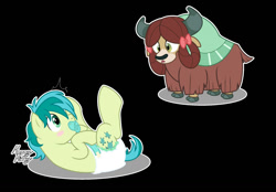 Size: 1280x889 | Tagged: safe, artist:mommymidday, imported from derpibooru, sandbar, yona, earth pony, pony, yak, adult foal, black background, blushing, caught, diaper, diaper fetish, duo, fetish, lying down, non-baby in diaper, on back, pacifier, show accurate, simple background
