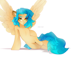 Size: 2500x2000 | Tagged: safe, artist:zlatavector, imported from derpibooru, oc, oc only, oc:sarah dash, pegasus, pony, blue mane, blue tail, colored ear fluff, colored eyebrows, colored pupils, commission, ear fluff, eye clipping through hair, eyebrows, eyebrows visible through hair, female, grumpy, looking at you, mare, simple background, solo, spread wings, tail, white background, wings, yellow coat