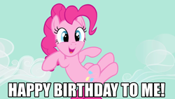 Size: 1920x1080 | Tagged: safe, edit, edited screencap, imported from derpibooru, screencap, pinkie pie, earth pony, pony, season 1, the best night ever, caption, cute, diapinkes, female, happy, happy birthday, image macro, mare, open mouth, open smile, outdoors, pinkie pie's birthday, sky, smiling, solo, text