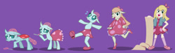 Size: 1920x585 | Tagged: safe, artist:magerblutooth, imported from derpibooru, ocellus, changedling, changeling, human, changedling to human, clothes, commission, curtsey, cute, diaocelles, dress, female, hand on hip, humanized, jacket, natural hair color, ocelia, scissors, shoes, skirt, sweat, transformation, transformation sequence, wobbling