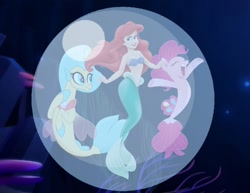 Size: 934x720 | Tagged: safe, artist:carlosuriel13, imported from derpibooru, pinkie pie, princess skystar, earth pony, mermaid, pony, sea pony, seapony (g4), my little pony: the movie, spoiler:my little pony the movie, ariel, bra, bubble, clothes, crossover, disney, disney princess, eyes closed, fin wings, fins, fish tail, in bubble, jewelry, looking at you, mermaid tail, necklace, open mouth, pinkie pie trapped in a bubble, raised hooves, sea ponies, seaquestria, seashell bra, tail, the little mermaid, underwater, wings
