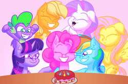 Size: 5580x3660 | Tagged: safe, artist:iceflower99, imported from derpibooru, applejack, fluttershy, pinkie pie, rainbow dash, rarity, spike, twilight sparkle, dragon, birthday, birthday cake, cake, doodle, food, mane seven, mane six, sketch, video at source, video in description, winged spike, wings