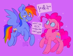 Size: 2048x1577 | Tagged: safe, artist:swirlseypop, imported from derpibooru, pinkie pie, rainbow dash, earth pony, pegasus, pony, censored dialogue, censored vulgarity, chest fluff, duo, ears back, female, floppy ears, flying, grawlixes, grin, mare, purple background, redraw, simple background, smiling, what the heck rainbow dash don't swear