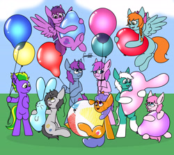 Size: 5500x4900 | Tagged: safe, artist:foxxo666, imported from derpibooru, oc, oc only, oc:clockwork gear, oc:cuddle cruise, oc:emilia starsong, oc:jdm pon3, oc:jenny, oc:maudlin chagrin, oc:melon splash, oc:mobian, oc:skydream, earth pony, inflatable pony, pegasus, pony, unicorn, absurd resolution, balloon, beach ball, bipedal, commission, duck balloon, earth pony oc, flying, group, heart balloon, horn, inflatable, open mouth, open smile, pegasus oc, rabbit balloon, signature, simple background, sitting, smiling, spread wings, that pony sure does love balloons, unicorn oc, wings