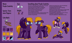Size: 1920x1147 | Tagged: safe, artist:alexdti, imported from derpibooru, oc, oc only, oc:purple creativity, pegasus, pony, chest fluff, clothes, dress, female, floppy ears, flying, folded wings, glasses, grin, hooves, lidded eyes, lying down, mare, open mouth, open smile, partially open wings, pegasus oc, prone, raised hoof, reference sheet, smiling, solo, spread wings, standing, standing on two hooves, text, transgender, transgender oc, unshorn fetlocks, wings