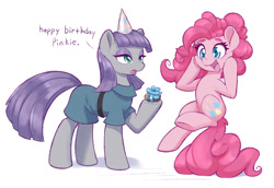 Size: 1280x881 | Tagged: safe, artist:dstears, imported from derpibooru, maud pie, pinkie pie, earth pony, pony, birthday, clothes, cute, diapinkes, dress, female, happy, hat, mare, open mouth, open smile, party hat, pie sisters, rock, siblings, simple background, sisters, smiling, sparkly eyes, tail, tail stand, white background, wingding eyes