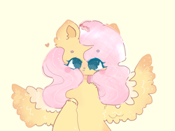 Size: 2048x1536 | Tagged: safe, artist:roseyjin, imported from derpibooru, fluttershy, pegasus, pony, cute, eye clipping through hair, female, fluffy, heart, mare, shyabetes, simple background, solo, yellow background