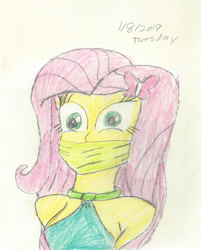 Size: 1280x1591 | Tagged: safe, artist:bluesplendont, imported from derpibooru, fluttershy, human, equestria girls, bust, cloth gag, gag, scared, shocked, shocked expression, solo, surprised, tied up, traditional art, worried