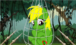 Size: 940x563 | Tagged: safe, artist:ds59, imported from derpibooru, oc, oc:jungle heart, earth pony, pony, booby trap, captured, jungle, looking down, male, net, sad, scared, spear, trap (device), trapped, upset, weapon, worried