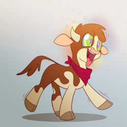 Size: 2000x2000 | Tagged: safe, anonymous editor, artist:fluffyxai, edit, imported from twibooru, arizona cow, cow, them's fightin' herds, big smile, clothes, cloven hooves, community related, gradient background, home on the range, hypno eyes, hypnosis, hypnotized, image, magic, neckscarf, open mouth, png, scarf, simple background, smiling, solo, tongue out, walking, watermark removal, wobbly