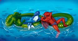 Size: 3687x1948 | Tagged: safe, imported from derpibooru, anthro, dragon, shark, snake, food, furry, swimming pool