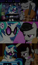 Size: 1280x2160 | Tagged: safe, edit, edited screencap, editor:jerryakiraclassics19, imported from twibooru, screencap, dj pon-3, octavia melody, vinyl scratch, earth pony, pony, unicorn, slice of life (episode), '90s, bow (instrument), cello, electric piano, female, glasses, headphones, image, mare, musical instrument, png