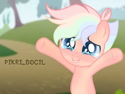 Size: 720x540 | Tagged: safe, artist:pikri bocil, imported from derpibooru, oc, oc:rain storm, earth pony, pony, colt, crying, cute, foal, male, solo, tears of joy, watermark