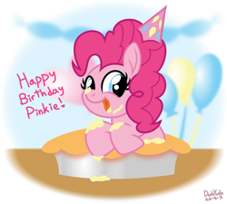 Size: 2000x1800 | Tagged: safe, artist:dashyoshi, imported from derpibooru, pinkie pie, earth pony, pony, .svg available, balloon, cute, diapinkes, food, frosting, happy birthday, hat, heart, looking at you, messy eating, party hat, pie, pinkie pie's birthday, simple background, smiling, solo, svg, table, text, tongue out, transparent background, vector