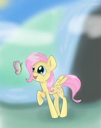 Size: 477x600 | Tagged: safe, artist:twiliset, imported from derpibooru, fluttershy, butterfly, pegasus, pony, beautiful, cloud, cute, looking at something, raised hoof, river, rock, shine, sky, smiling, solo, water