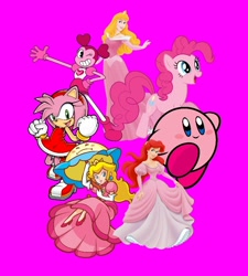 Size: 720x800 | Tagged: safe, artist:carlosuriel13, imported from derpibooru, pinkie pie, earth pony, hedgehog, human, pony, amy rose, ariel, clothes, crossover, disney, disney princess, kirby, kirby (series), kirby pie, looking at you, one eye closed, pink, pink background, pink dress, princess aurora, princess peach, puffball, simple background, sleeping beauty, sonic the hedgehog (series), spinel (steven universe), steven universe, super mario bros., super princess peach, the little mermaid, wink, winking at you