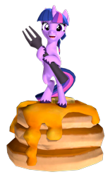 Size: 1000x1600 | Tagged: safe, artist:owlpirate, imported from derpibooru, twilight sparkle, alicorn, pony, 3d, bipedal, cute, female, food, fork, giant food, i'm pancake, looking at you, mare, pancakes, ponies in food, simple background, smiling, smiling at you, solo, source filmmaker, transparent background, twiabetes, twilight sparkle (alicorn)