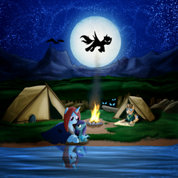 Size: 3840x3840 | Tagged: safe, artist:skijarama, imported from derpibooru, oc, oc only, changeling, dragon, earth pony, pegasus, pony, unicorn, fanfic:scarlet, campfire, camping, forest, moon, mountain, night, reflection, scenery, silhouette, stars, tent, water