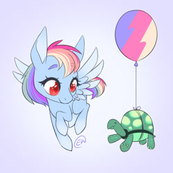 Size: 1600x1600 | Tagged: safe, artist:erkythehero23, imported from derpibooru, rainbow dash, tank, pegasus, pony, tortoise, balloon, colored pupils, duo, female, floating, flying, male, mare, spread wings, tankabetes, wings, wrong eye color