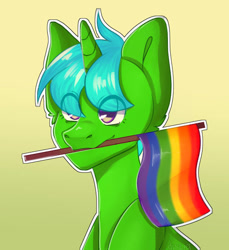 Size: 855x935 | Tagged: safe, artist:diszia, imported from derpibooru, oc, oc:green byte, pony, unicorn, commission, ear fluff, eye clipping through hair, gradient background, male, mouth hold, pride flag, solo, stallion, ych result