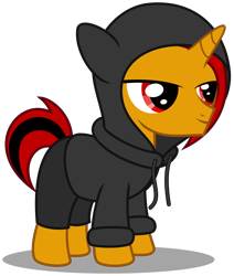 Size: 2870x3380 | Tagged: safe, artist:strategypony, imported from derpibooru, oc, oc only, oc:selest light, pony, unicorn, clothes, colt, foal, hoodie, horn, male, red mane, red tail, shorts, simple background, sweater, tail, transparent background, unicorn oc