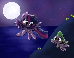 Size: 1024x805 | Tagged: safe, artist:silver meadow, imported from derpibooru, spike, twilight sparkle, alicorn, dragon, pony, flying, moon, night, stars, twilight sparkle (alicorn), winged spike, wings