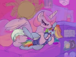 Size: 2470x1860 | Tagged: safe, artist:asdfasfasda, imported from derpibooru, princess celestia, rainbow dash, alicorn, pegasus, pony, adult foal, blushing, bottle, cuddling, cuddling in bed, diaper, diaper fetish, diaper package, diaper under clothes, duo, embarrassed, female, fetish, hug, in bed, licking, mare, momlestia, non-baby in diaper, nursery, onesie, personal space invasion, tongue out, wings