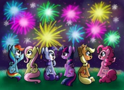 Size: 768x558 | Tagged: safe, artist:silver meadow, imported from derpibooru, applejack, fluttershy, pinkie pie, rainbow dash, rarity, twilight sparkle, alicorn, earth pony, pegasus, pony, unicorn, facing away, female, fireworks, mane six, mare, sitting, twilight sparkle (alicorn)