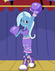 Size: 1468x1900 | Tagged: safe, artist:ballisticfury, artist:strangefacts101, imported from derpibooru, trixie, anthro, unicorn, boots, boxing, boxing gloves, boxing shorts, clothes, collar, converse, female, looking at you, shoes, shorts, solo, sports, tanktop, trunks