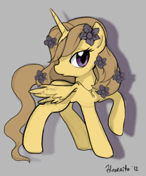 Size: 720x864 | Tagged: safe, artist:hinoraito, imported from derpibooru, oc, oc only, alicorn, pony, alicorn oc, female, flower, flower in hair, horn, jewelry, mare, necklace, sketch, solo, wings