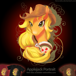 Size: 1299x1299 | Tagged: safe, artist:hinoraito, imported from derpibooru, applejack, pony, bust, clothes, headphones, merchandise, official, portrait, shirt, solo, t-shirt, welovefine