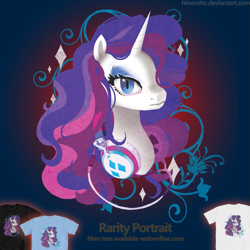 Size: 1299x1299 | Tagged: safe, artist:hinoraito, imported from derpibooru, rarity, pony, bust, clothes, female, headphones, mare, merchandise, official, portrait, shirt, solo, t-shirt, welovefine