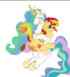 Size: 718x796 | Tagged: safe, imported from derpibooru, princess celestia, sunset shimmer, alicorn, pony, unicorn, equestria girls, butt, buttcheeks, carrying, crying, discipline, eyes closed, hug, lap, paddle, paddling, pain, plot, punishment, raised tail, reddened butt, scrunchy face, simple background, spank mark, spanked, spanking, tail, teary eyes, white background