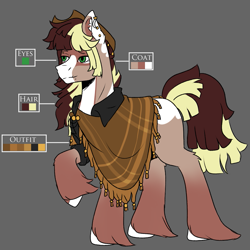 Size: 1069x1069 | Tagged: safe, artist:ocmakerarichan, imported from derpibooru, oc, oc only, earth pony, pony, clothes, color palette, crack ship offspring, gray background, long feather, offspring, parent:big macintosh, parent:songbird serenade, poncho, simple background, solo, unshorn fetlocks