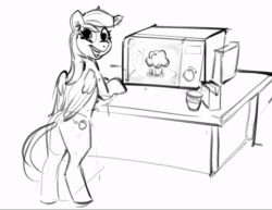 Size: 934x720 | Tagged: safe, artist:alumx, imported from derpibooru, derpy hooves, pegasus, pony, animated, butt, food, happy, looking at you, looking back, looking back at you, microwave, muffin, plot, sketch, smiling, smiling at you, solo, sound, webm