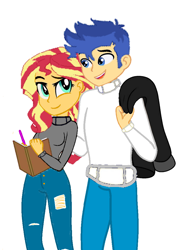 Size: 768x1040 | Tagged: safe, artist:decokenite, imported from derpibooru, flash sentry, sunset shimmer, human, equestria girls, base used, book, clothes, female, flashimmer, jacket, looking at each other, looking at someone, male, pants, pen, requested art, ripped pants, shipping, simple background, smiling, straight, sweater, talking, torn clothes, white background